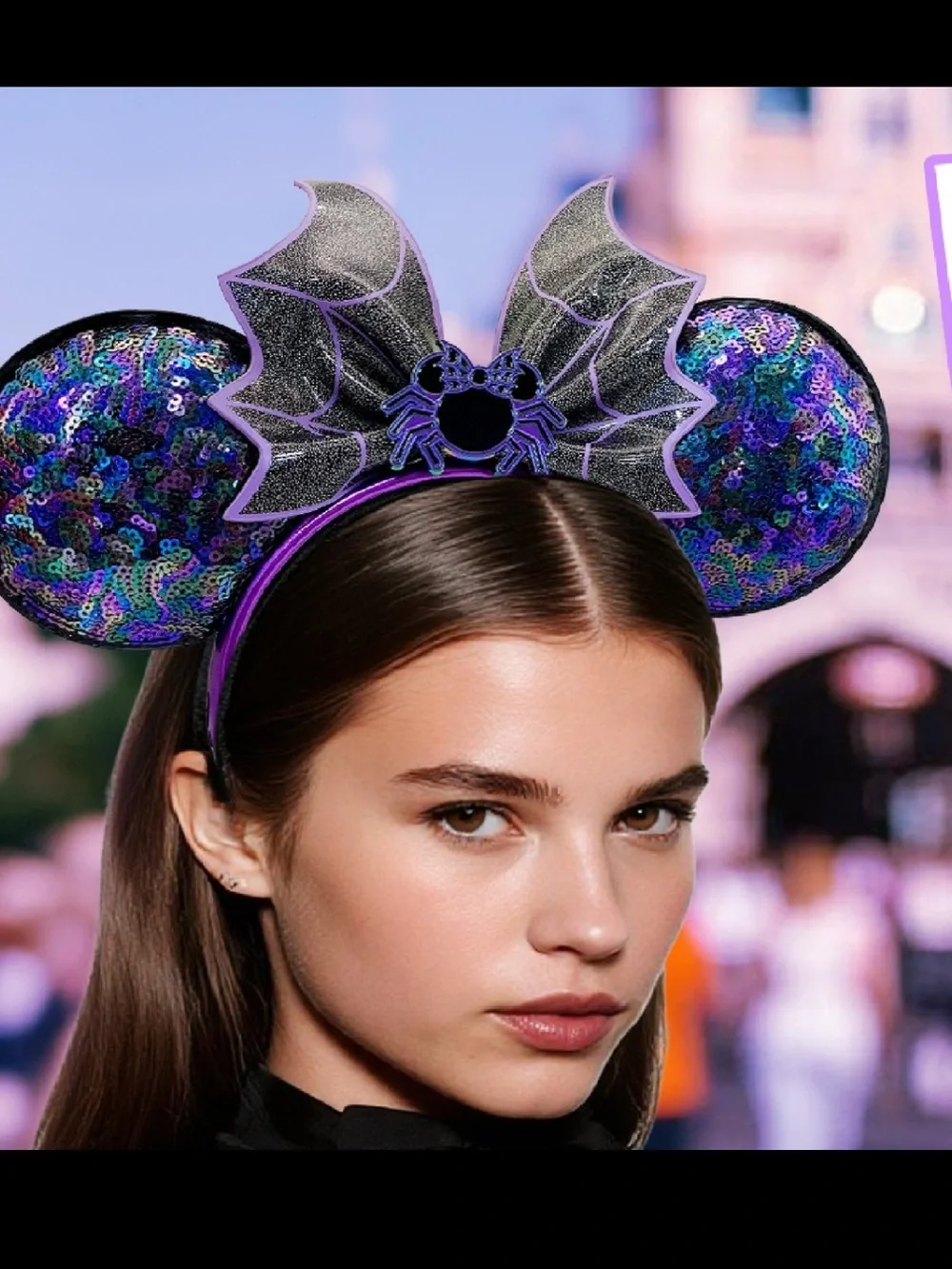 Disney Parks Loungefly Halloween Spiderweb Sequin Minnie Mouse Ears Headband